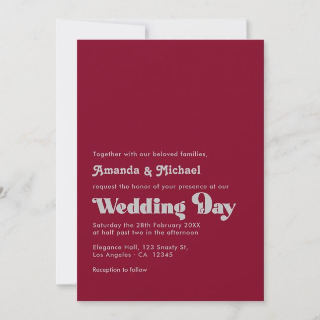 Invitation Mariage de typographie argentée et bourguignonne (Devant)
