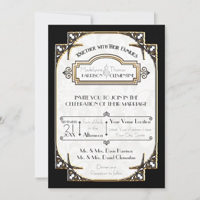 Invitation Mariage de typographie Art Déco Noir et Blanc (Devant)
