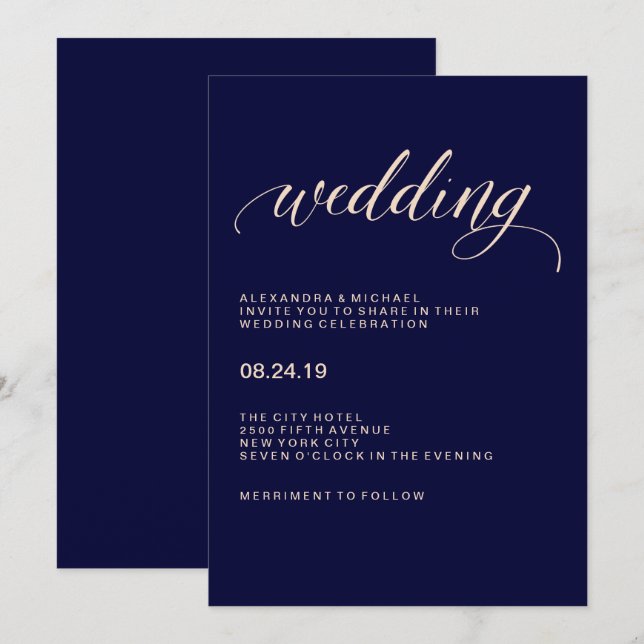 Invitation Mariage de typographie bleu marine et rose pâle (Devant / Derrière)