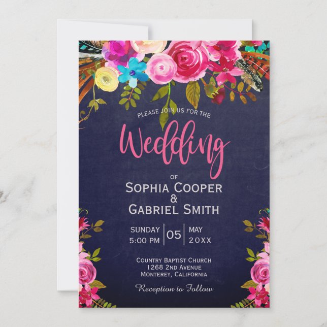 Invitation Mariage de typographie bleu marine rose moderne (Devant)