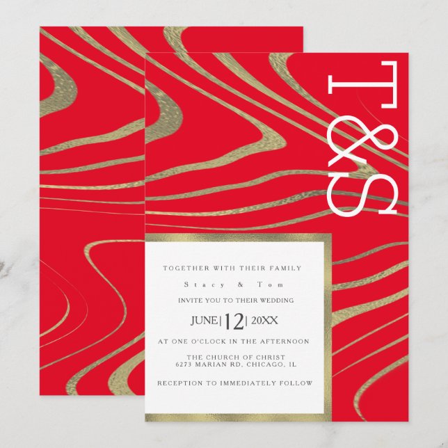 Invitation Mariage de typographie d'agate en or liquide marbr (Devant / Derrière)