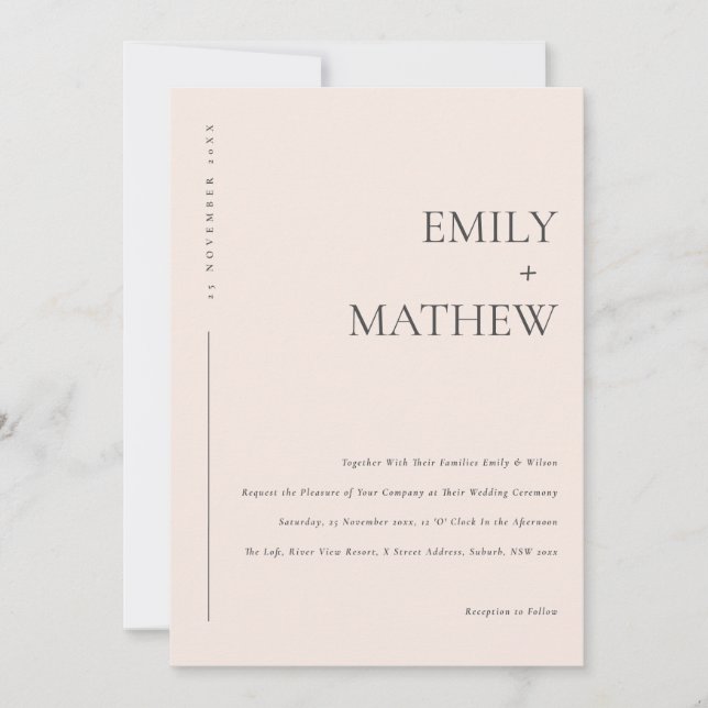 INVITATION MARIAGE DE TYPOGRAPHIE DE PEACH ROSE MOELLEUX MOIN (Devant)