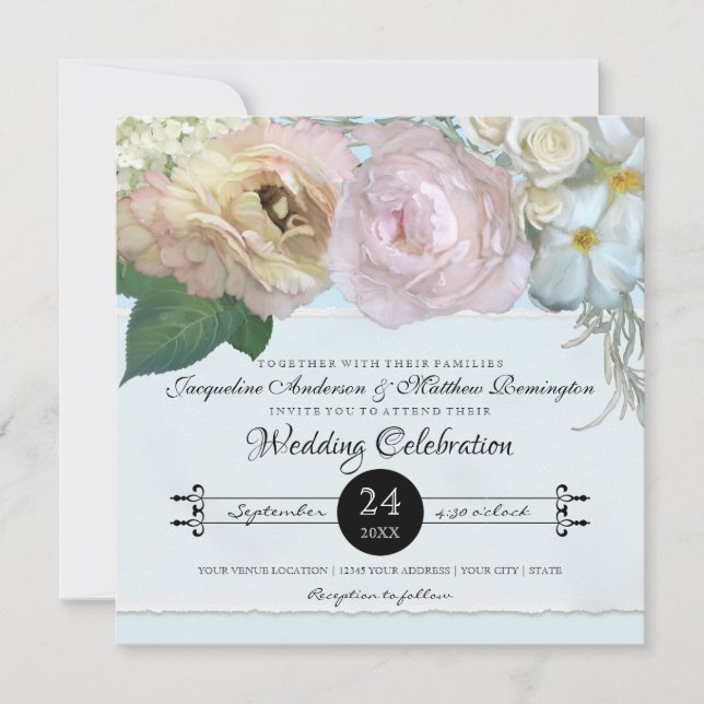 Invitation Mariage de typographie de Peony Floral bleu frança (Devant)
