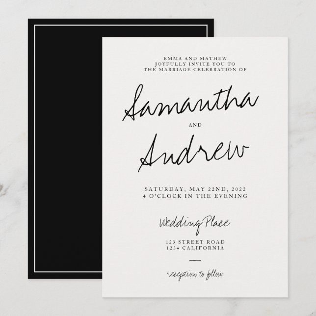 Invitation Mariage de typographie décontracté noir (Devant / Derrière)