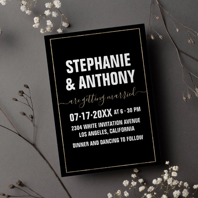 Invitation Mariage de typographie en or blanc noir (Black white gold bold script typography wedding)