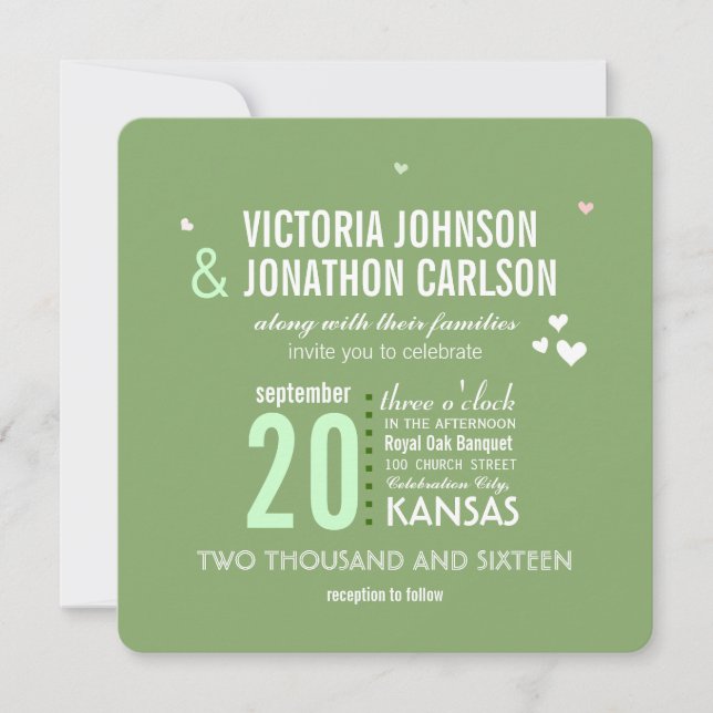 Invitation Mariage de typographie géométrique tendance vert e (Devant)