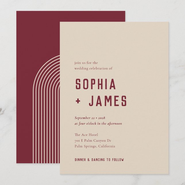 Invitation Mariage de typographie moderne Boho Arch Red Cream (Devant / Derrière)
