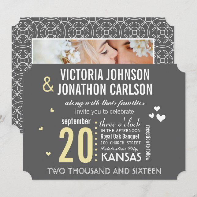 Invitation Mariage de typographie moderne gris et jaune (Devant / Derrière)