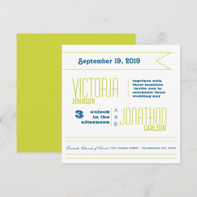 Invitation Mariage de typographie moderne turquoise et Lime (Devant / Derrière)