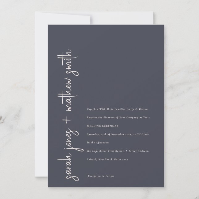 Invitation Mariage de typographie noir de la marine minimale (Devant)
