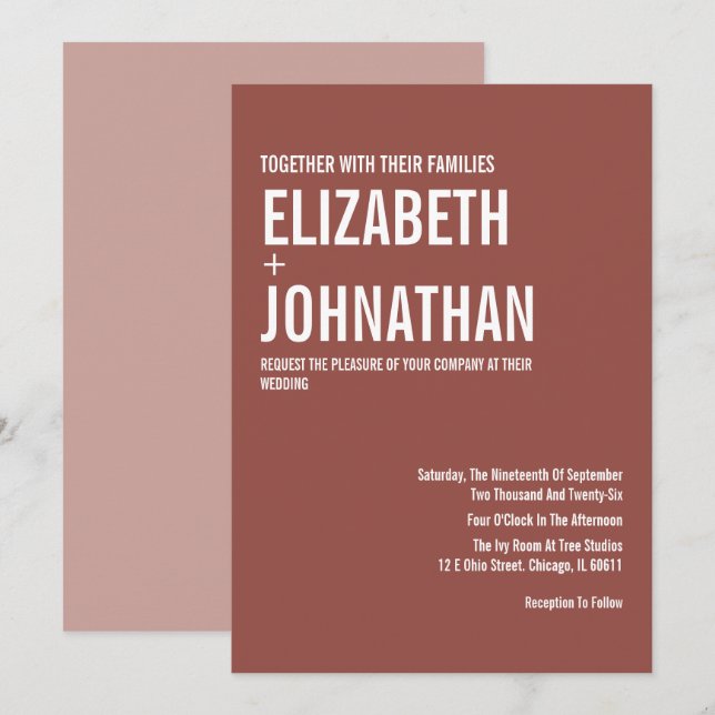 Invitation Mariage de typographie Rose Boho Dusty simple (Devant / Derrière)