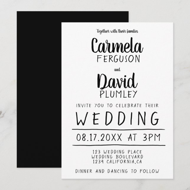 Invitation Mariage de typographie simple moderne noir et blan (Devant / Derrière)