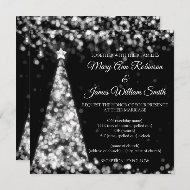 Invitation Mariage de vacances de Noël élégant argent noir (Devant / Derrière)