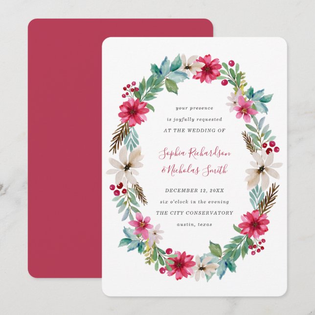 Invitation Mariage de vacances | Fleurs d'aquarelle d'hiver (Devant / Derrière)