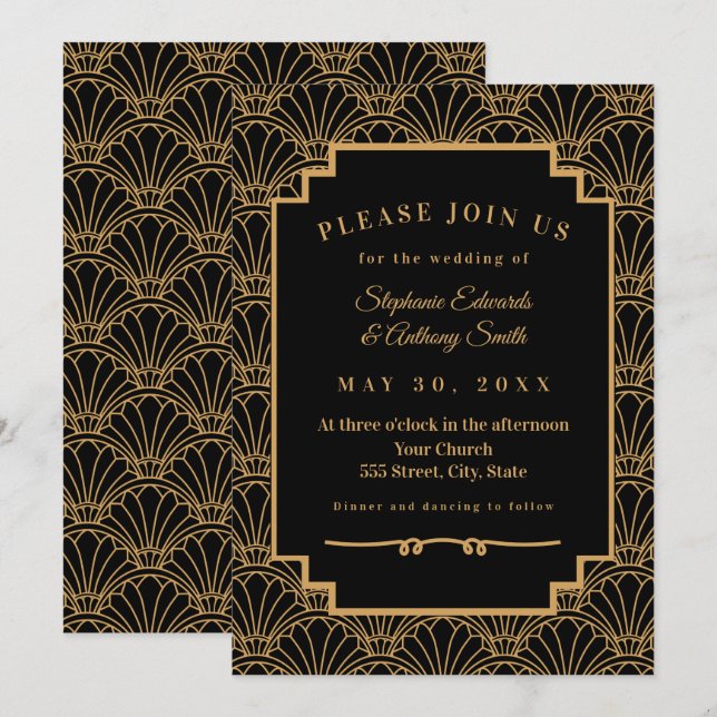 Invitation Mariage de ventilateur Art déco noir et or (Devant / Derrière)