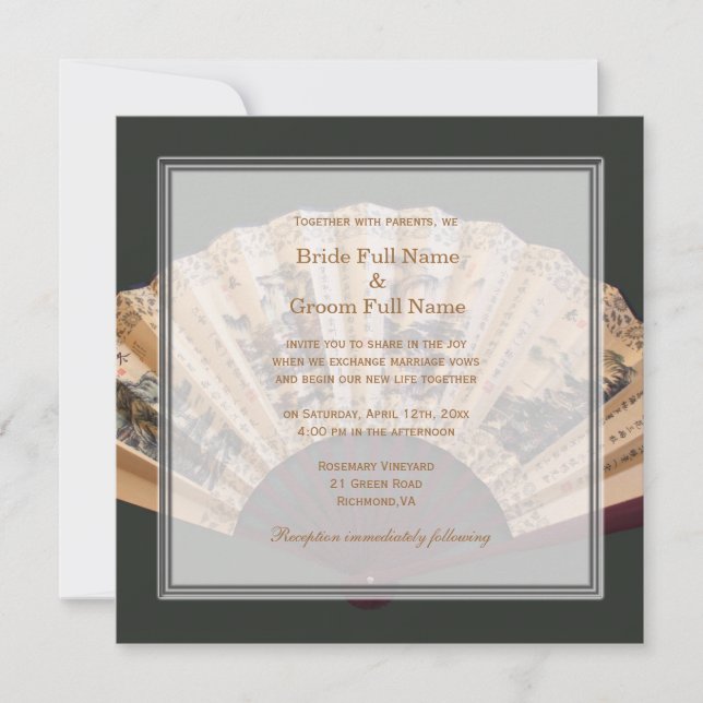 Invitation Mariage de ventilateur chinois en bambou et soie (Devant)
