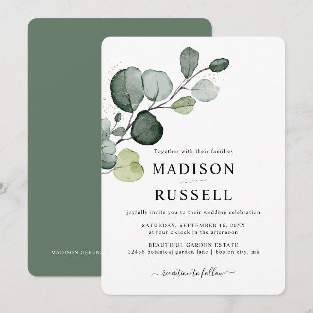 Invitation Mariage de verdure de projection d'or d'eucalyptus (Devant / Derrière)