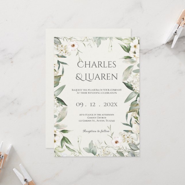 Invitation Mariage de verdure et fleurs blanches (Devant/Arrière en situation)