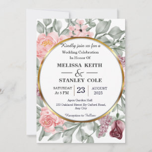 Invitation Mariage de verdure fleurie à cadre rose et or rust