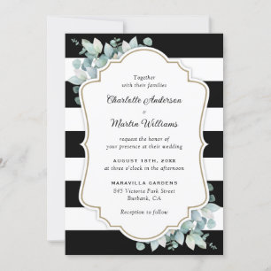 Invitation Mariage de verdure moderne noir et blanc Eucalyptu