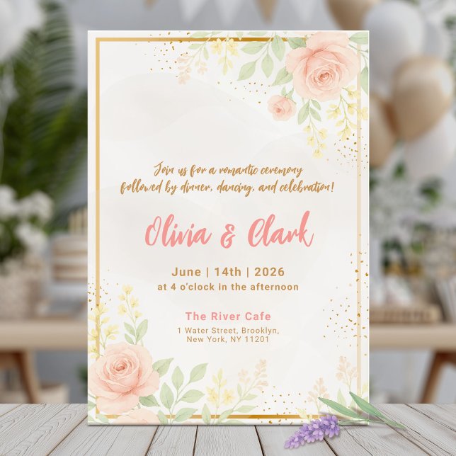 Invitation Mariage de verdure rose fleurie aux accents or (Créateur téléchargé)
