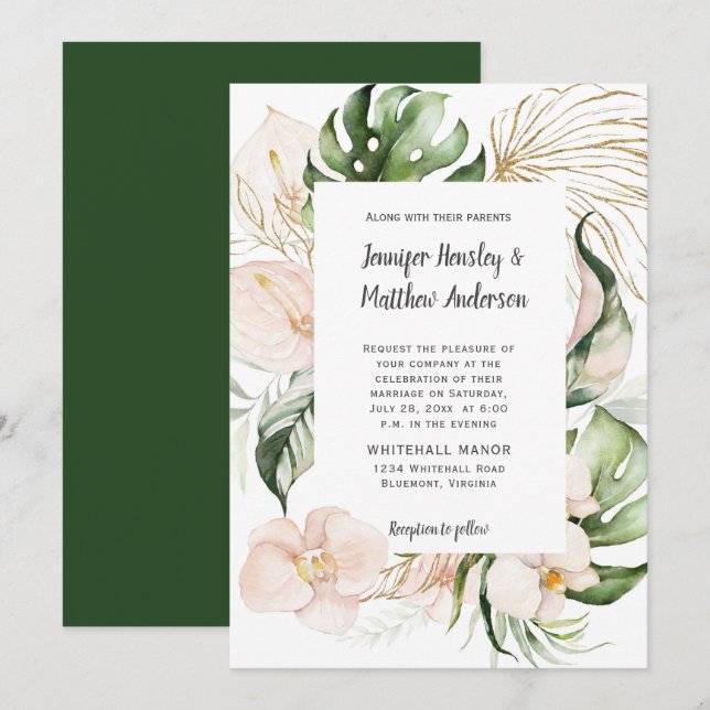 Invitation Mariage de verdure tropicale rose pâle (Devant / Derrière)