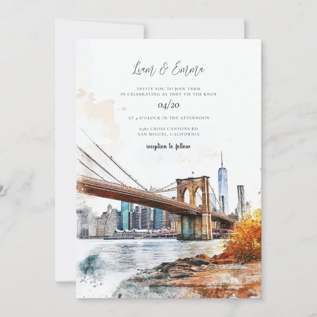 Invitation Mariage de vinification de l'aquarelle de New York (Devant)
