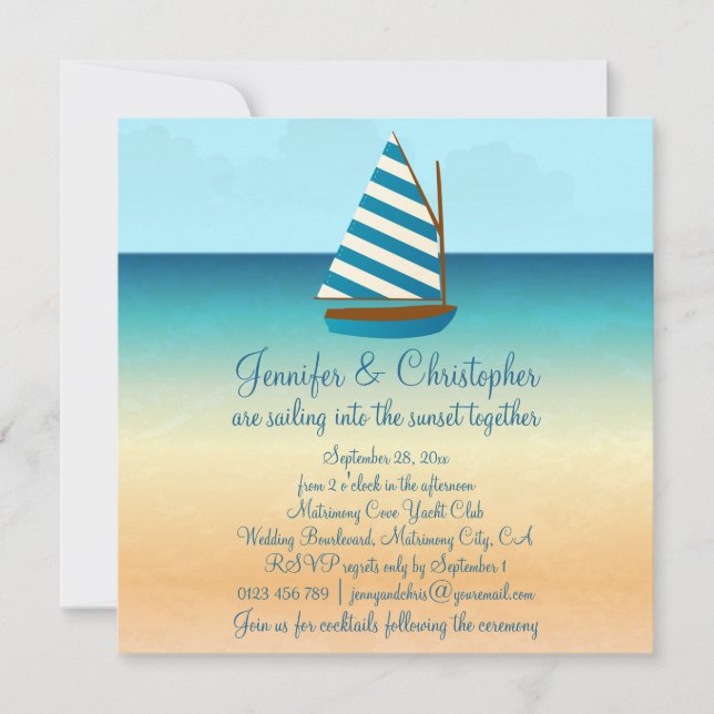 Invitation Mariage de voilier bleu et blanc (Devant)