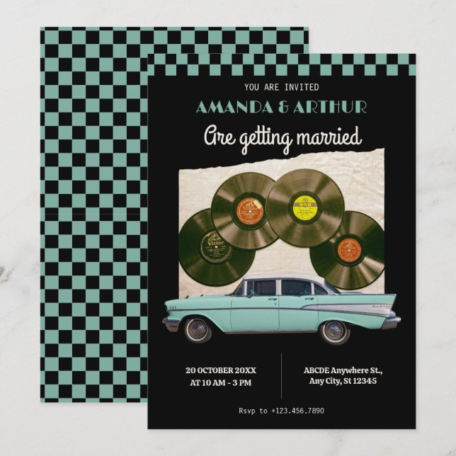Invitation Mariage de voiture classique vintage (Devant / Derrière)