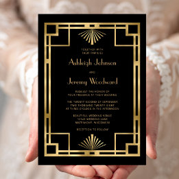 Invitation Mariage Déco Élégant Noir Or Géométrique Vintage 1