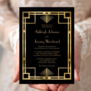 Invitation Mariage Déco Élégant Noir Or Géométrique Vintage 1