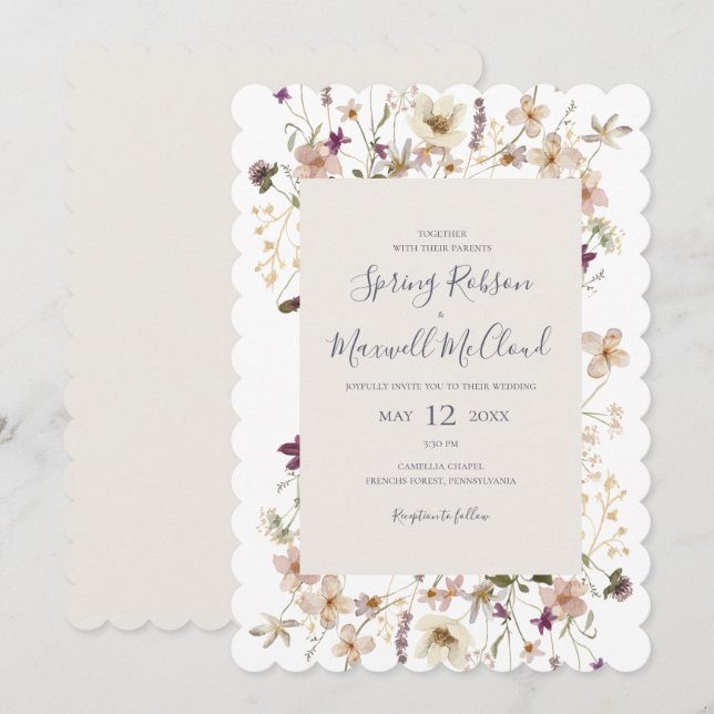 Invitation Mariage Décontracté blanc Fleur sauvage de printem (Devant / Derrière)