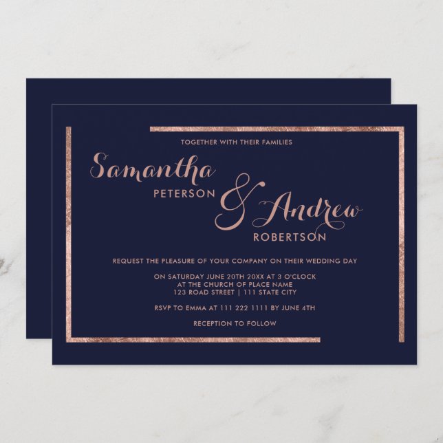 Invitation mariage d'écriture bleu marine rose moderne de la  (Devant / Derrière)