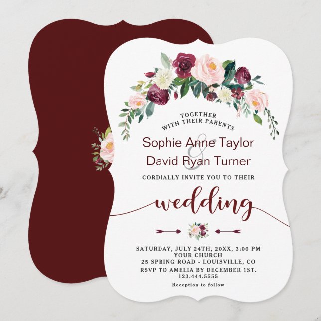 Invitation Mariage d'écriture de fleurs de Burgundy Automne (Devant / Derrière)