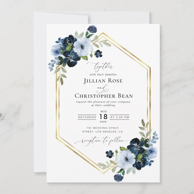 Invitation mariage d'écriture florale marine et bleu clair (Devant)