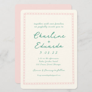 Invitation Mariage d'écriture manuscrite rétro rose et verte