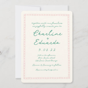 Invitation Mariage d'écriture manuscrite rétro rose et verte