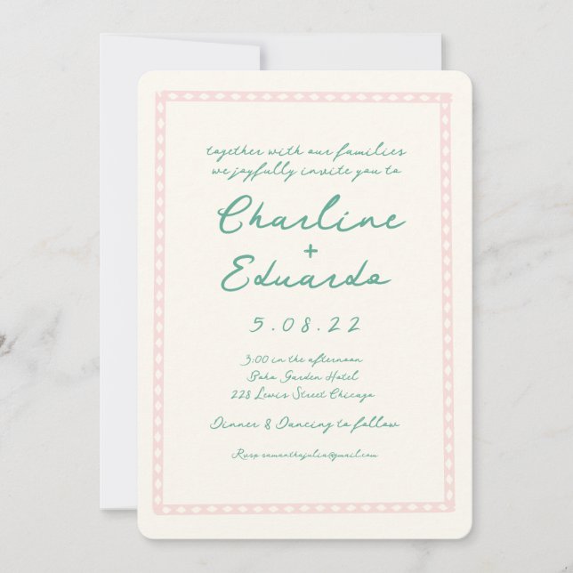 Invitation Mariage d'écriture manuscrite rétro rose et verte (Devant)