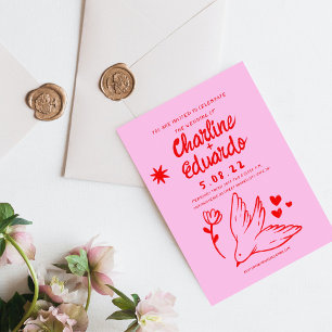 Invitation Mariage d'écriture manuscrite rose et rouge rétro