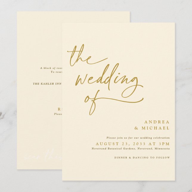 Invitation Mariage d'écriture moderne Gold et Cream (Devant / Derrière)