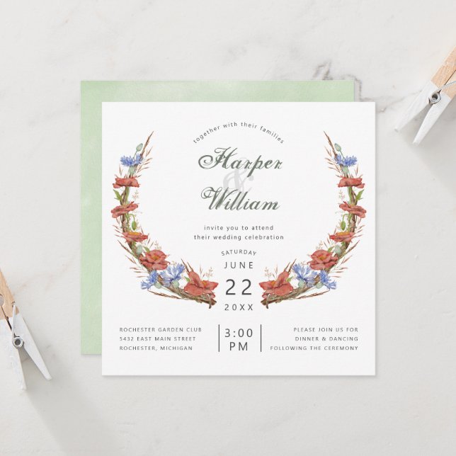 Invitation Mariage d'écusson des fleurs sauvages de prairie (Devant/Arrière en situation)