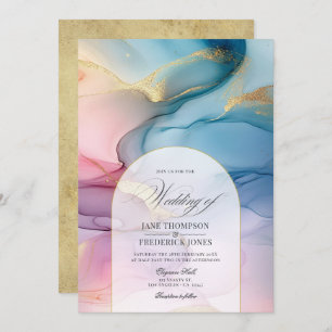 Invitation Mariage d'élégance d'encre d'alcool rose, bleu et 