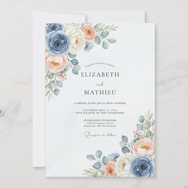 Invitation Mariage délicat de printemps bleu poussiéreux pêch (Devant)