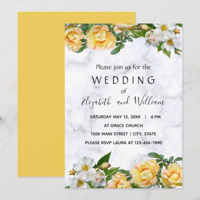 Invitation Mariage délicat en fleurs blanches et jaunes (Devant / Derrière)