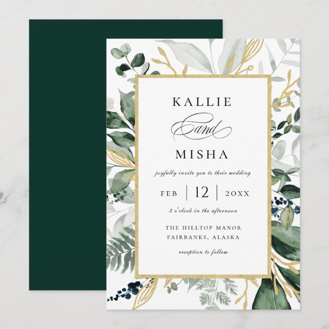 Invitation Mariage d'émeraude du cadre naturel du feuillage b (Devant / Derrière)