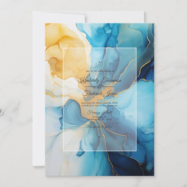 Invitation Mariage d'encre d'alcool bleu et or (Devant)