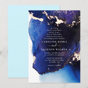 Invitation Mariage d'encre d'alcool bleu et or Marine