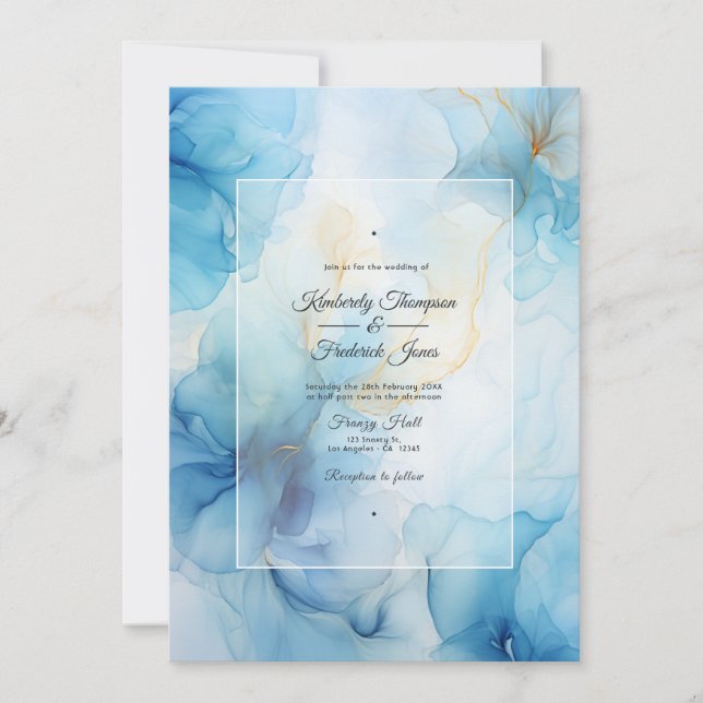 Invitation Mariage d'encre d'alcool bleu poussiéreux (Devant)