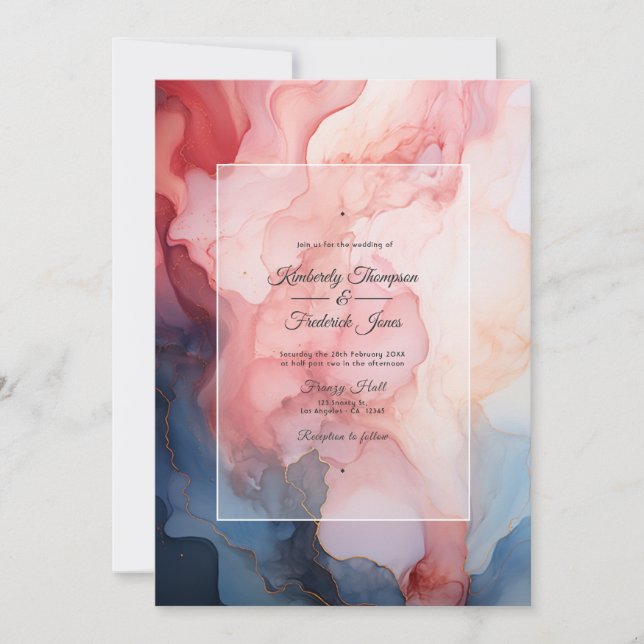Invitation Mariage D'Encre D'Alcool Marine Et Bourgogne (Devant)