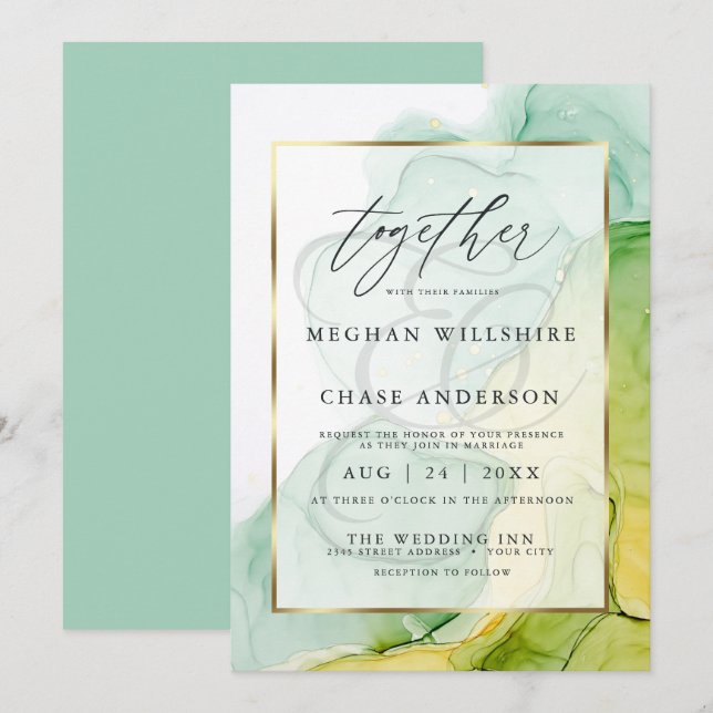 Invitation Mariage d'encre d'alcool moderne vert vibreant et  (Devant / Derrière)